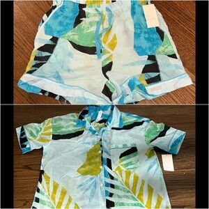 2 Piece High Waist Floral Simply Light Weight Drawstring Shorts Set With Pockets